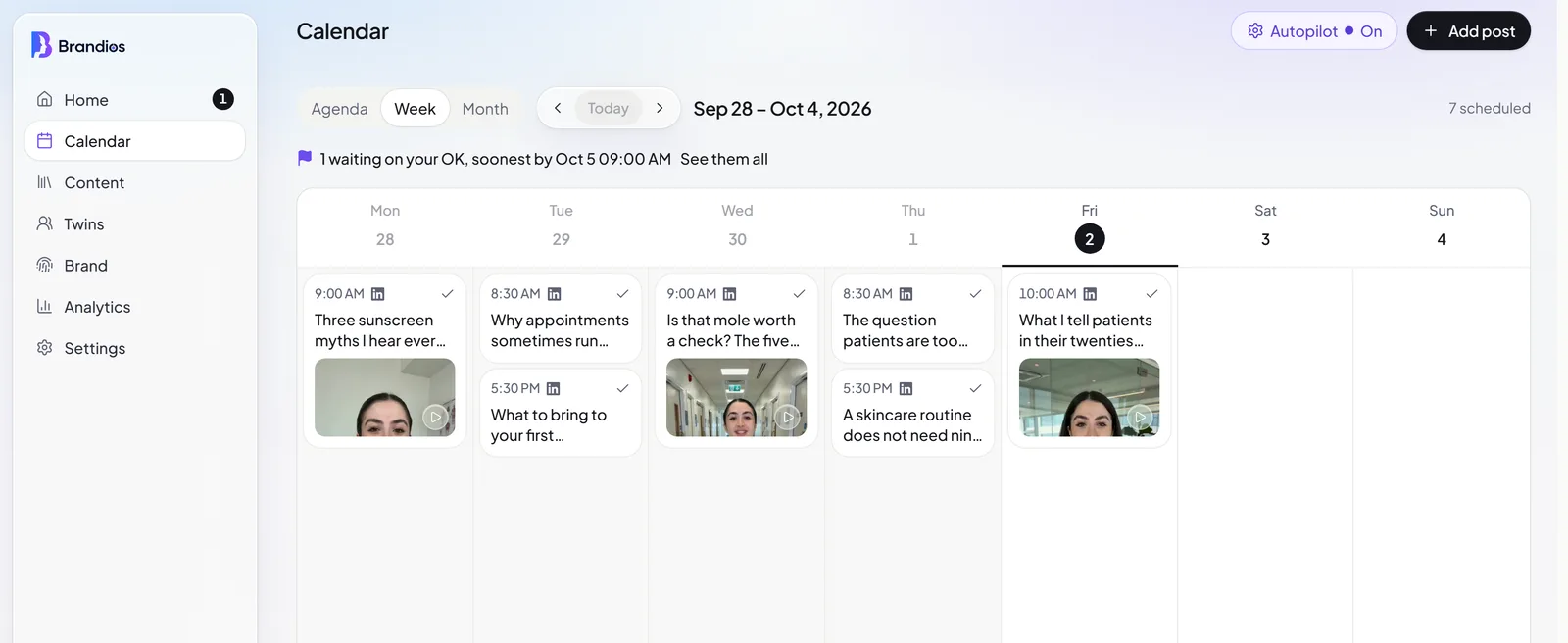 A week of doctors and clinics posts in the Brandios calendar, with twin videos and text posts.
