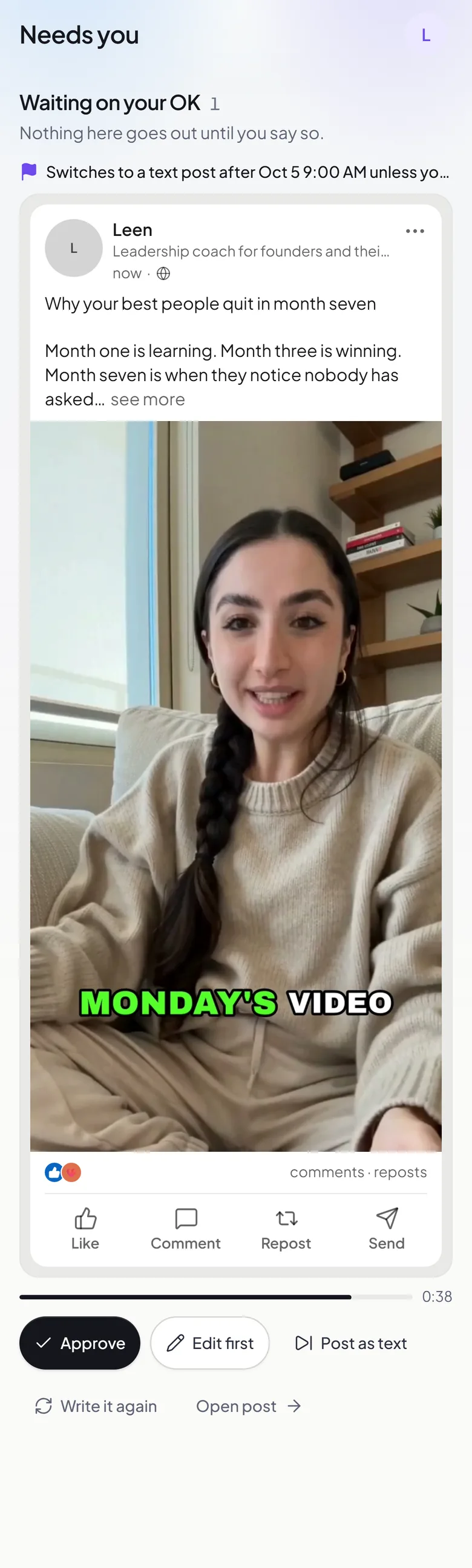 The Brandios app’s Needs you screen: a video of Leen’s AI twin waiting for her OK, with Approve, Edit first and Post as text
