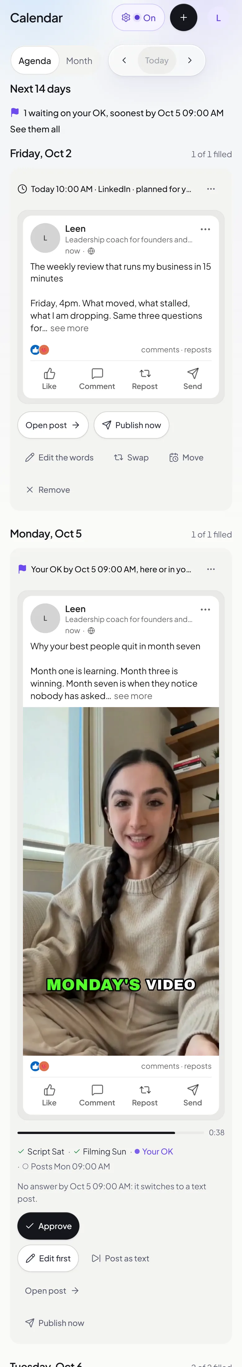 The calendar in the Brandios app with a demo account: a post waiting for approval, and Leen’s AI twin video planned for Monday