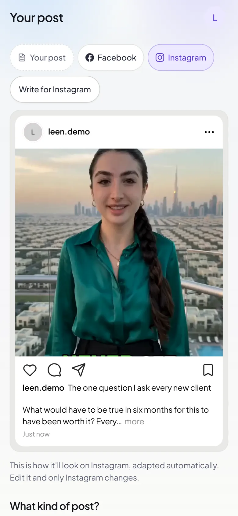 A post in the Brandios app on its Instagram tab: the post as Instagram will show it, and the line saying it was adapted automatically and that editing it changes only Instagram