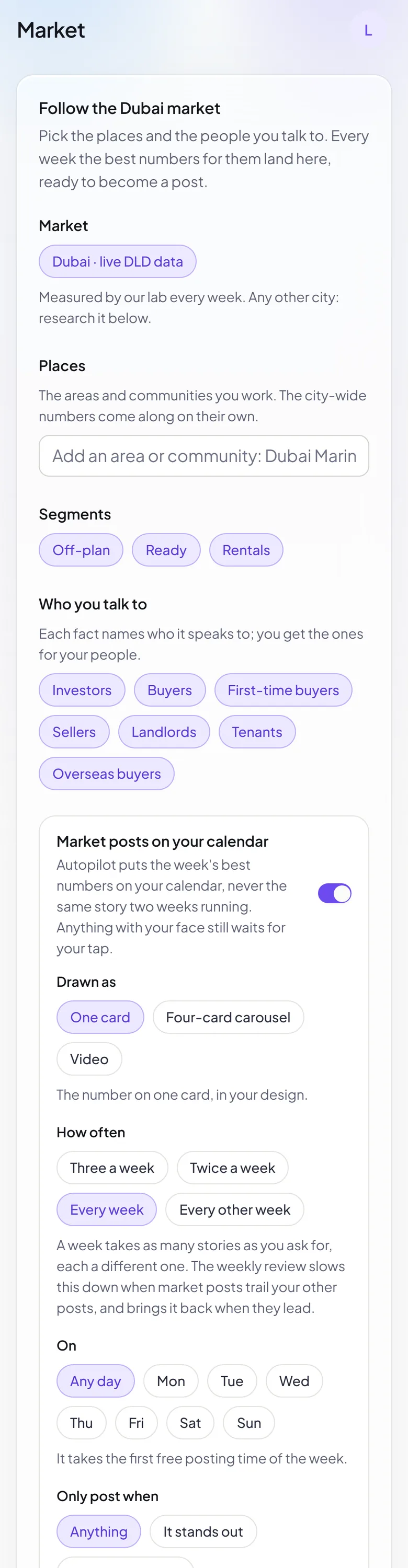 The Market page in the Brandios app: follow the Dubai market by area, segment and who you talk to.